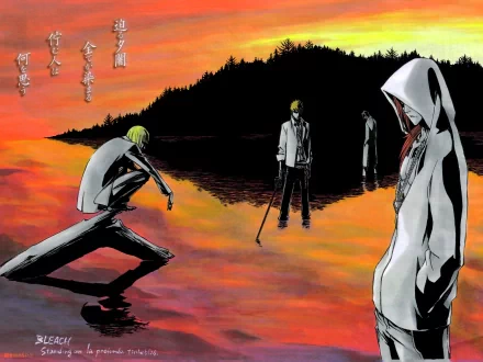 4K Ultra HD Bleach anime wallpaper featuring Renji Abarai, Ichigo Kurosaki, and Shinji Hirako standing by a reflective, fiery sunset lake with silhouetted trees.