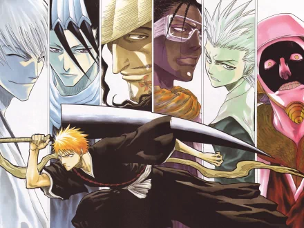 4K Ultra HD anime wallpaper featuring Bleach characters Ichigo Kurosaki, Shunsui Kyōraku, Byakuya Kuchiki, Gin Ichimaru, Kaname Tosen, Tōshirō Hitsugaya, and Mayuri Kurotsuchi.