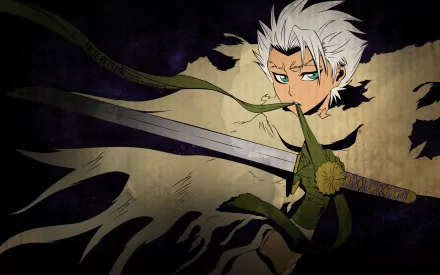HD PC desktop wallpaper of Tōshirō Hitsugaya from the anime Bleach, featuring his intense gaze and sword wrapped with green vines against a dark background.