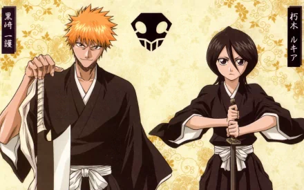 HD desktop wallpaper of Ichigo Kurosaki and Rukia Kuchiki from the anime Bleach, standing side by side in their iconic Shinigami outfits against a light background with Japanese text and emblem.