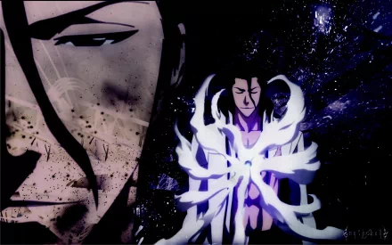 HD desktop wallpaper featuring Sōsuke Aizen from the anime Bleach, showcasing his intense expression and iconic white robe with dark, dynamic background effects.