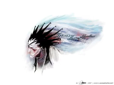 HD PC desktop wallpaper/background: Kenpachi Zaraki from Bleach — stylized anime portrait with spiky hair, eye patch and wide grin dissolving into watercolor brushstrokes