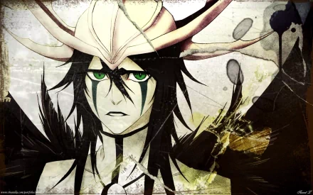 HD PC desktop wallpaper featuring Ulquiorra Cifer from the anime Bleach, showcasing his distinct green eyes and hollow mask fragment in a dramatic, artistic style.