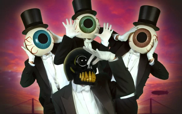 A striking HD wallpaper featuring The Residents, showcasing figures in tuxedos with oversized eyeball masks, creating a surreal and artistic representation of their unique musical style.