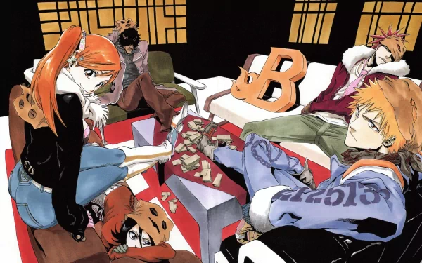 4K Ultra HD Bleach anime desktop wallpaper featuring Rukia Kuchiki, Orihime Inoue, Yasutora Sado, Renji Abarai, and Ichigo Kurosaki in a stylized indoor setting.