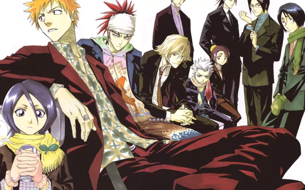 4K Ultra HD Anime wallpaper featuring Bleach characters Ichigo Kurosaki, Rukia Kuchiki, Byakuya Kuchiki, Uryu Ishida, Kisuke Urahara, Renji Abarai, Gin Ichimaru, Hitsugaya, Hanataro Yamada, and Momo Hinamori.