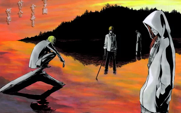 4K Ultra HD Bleach anime wallpaper featuring Renji Abarai, Ichigo Kurosaki, and Shinji Hirako standing by a reflective, fiery sunset lake with silhouetted trees.