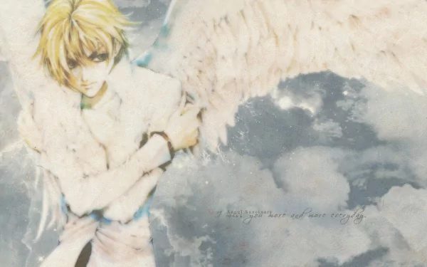 A captivating HD wallpaper featuring an angelic character from Angel Sanctuary, embodying ethereal beauty with golden hair and large white wings against a soft, cloudy background.