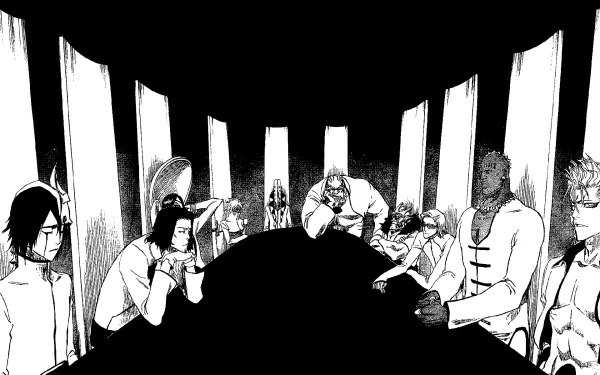 A dramatic black-and-white image featuring characters from the anime Bleach: Grimmjow, Zommari, Szayelaporro, Baraggan, Yammy, Aaroniero, Tier, Coyote, and Ulquiorra gathered around a dark table.