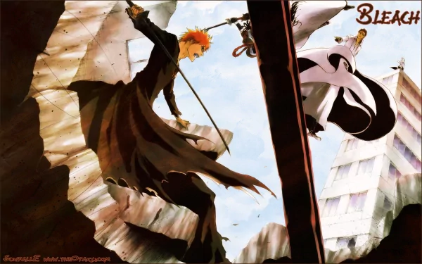 HD Bleach desktop wallpaper showing Ichigo Kurosaki confronting Gin Ichimaru, Kaname Tosen and Sōsuke Aizen amid soaring rubble and a bright sky.