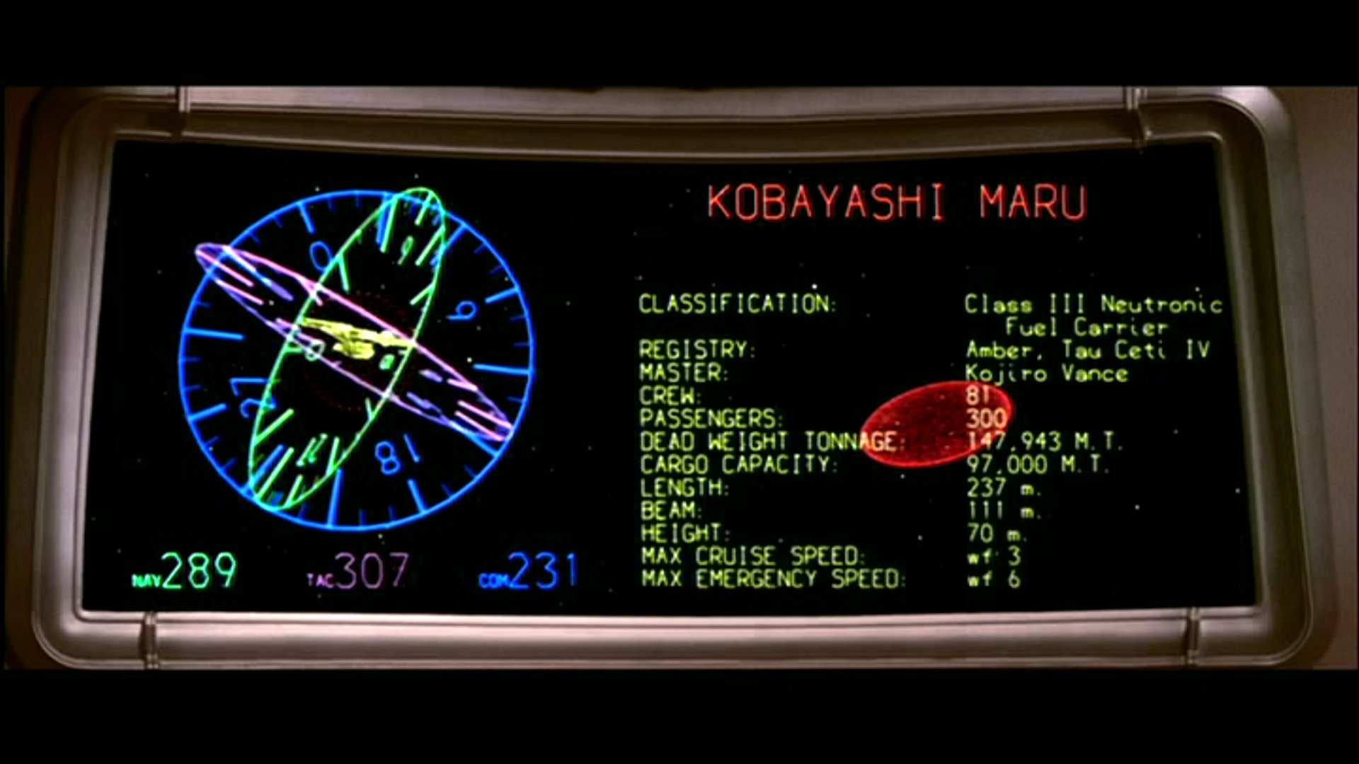 HD PC desktop wallpaper from the movie Star Trek II: The Wrath of Khan showing the Kobayashi Maru computer display: circular ship schematic, classification and technical readouts on a dark screen.