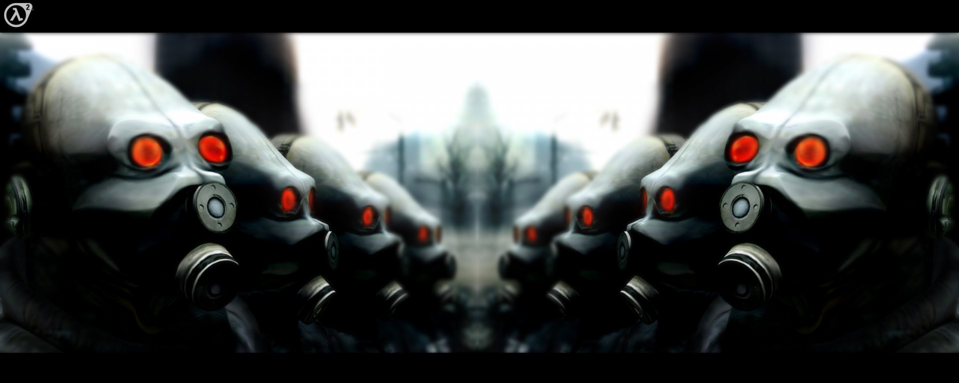A striking HD wallpaper featuring a lineup of ominous figures with glowing red eyes from the video game Half-Life 2, capturing the game's dark and immersive atmosphere.