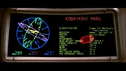 HD PC desktop wallpaper from the movie Star Trek II: The Wrath of Khan showing the Kobayashi Maru computer display: circular ship schematic, classification and technical readouts on a dark screen.