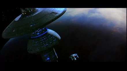 A stunning HD wallpaper from Star Trek III: The Search for Spock, showcasing a spacecraft near a futuristic space station with a backdrop of the cosmos.