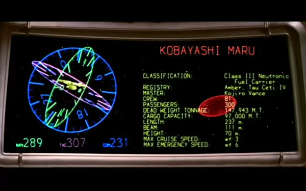 HD PC desktop wallpaper from the movie Star Trek II: The Wrath of Khan showing the Kobayashi Maru computer display: circular ship schematic, classification and technical readouts on a dark screen.