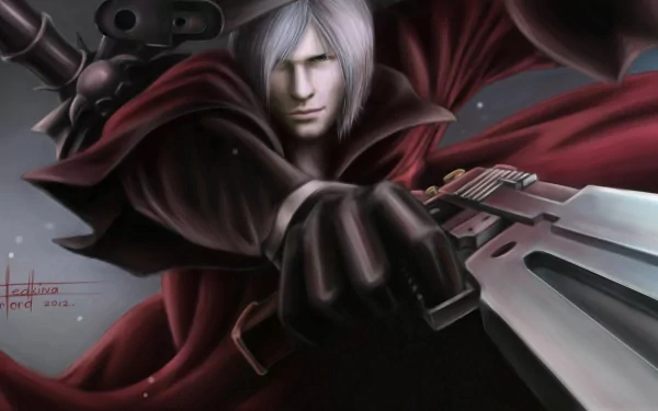 High-definition wallpaper of a character from Devil May Cry, featuring a dynamic pose with a sword and a striking red cloak, set against a dramatic background.