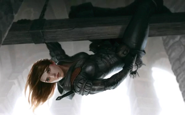 HD wallpaper featuring a female fantasy warrior in an assassin's outfit, poised on a wooden beam with a determined expression. Tags: assassin, warrior, fantasy, women warrior, fantasy warrior.