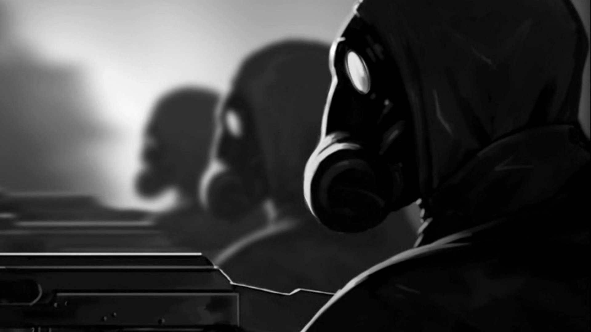 Comic HD PC desktop wallpaper: shadowed figures in gas masks beside crates, invoking I Am Legend and the theme of sacrificing the few for the many.