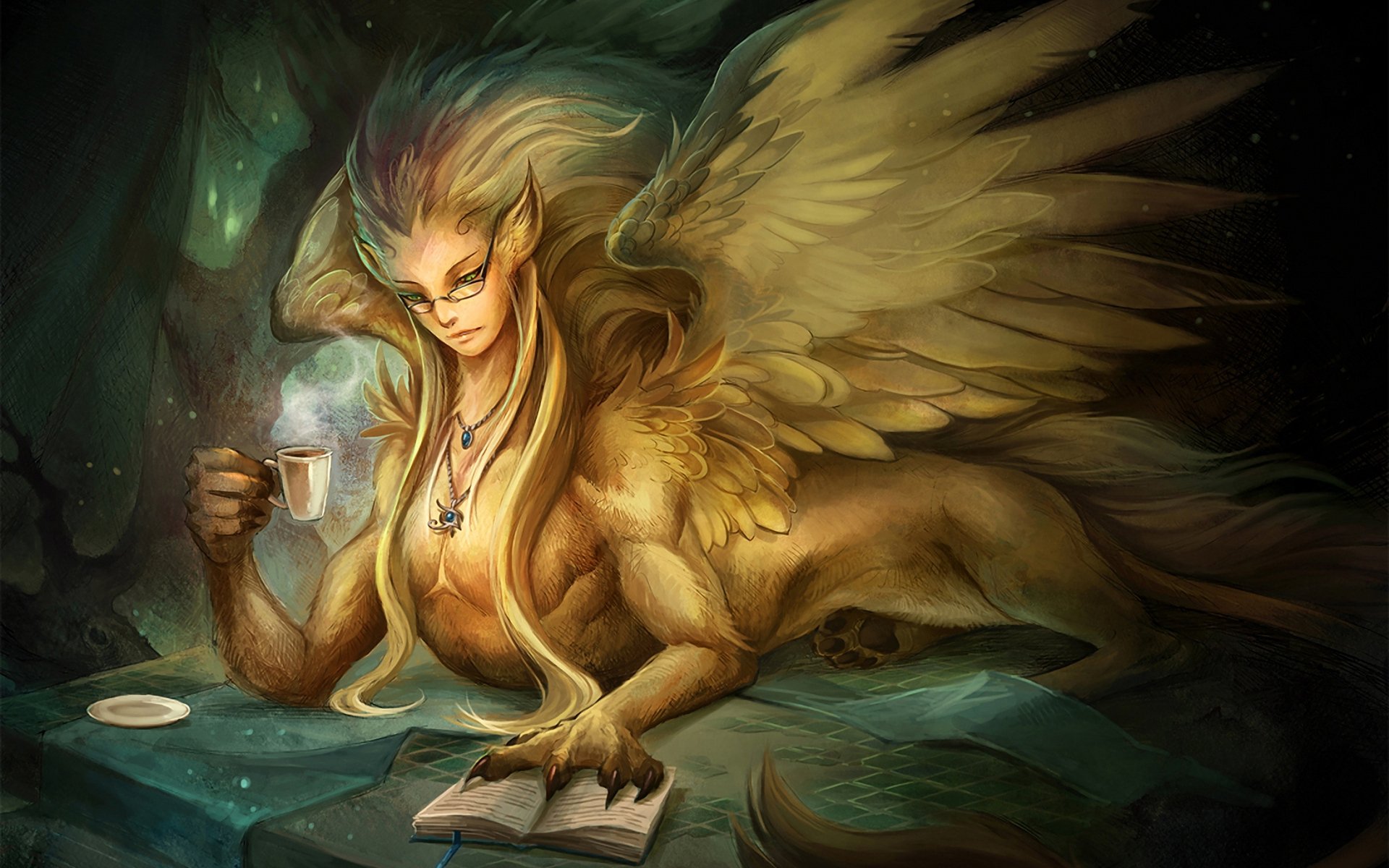 A captivating fantasy creature with the body of a lion and elegant wings lounges while sipping a drink, surrounded by mystical elements. High-definition desktop wallpaper.