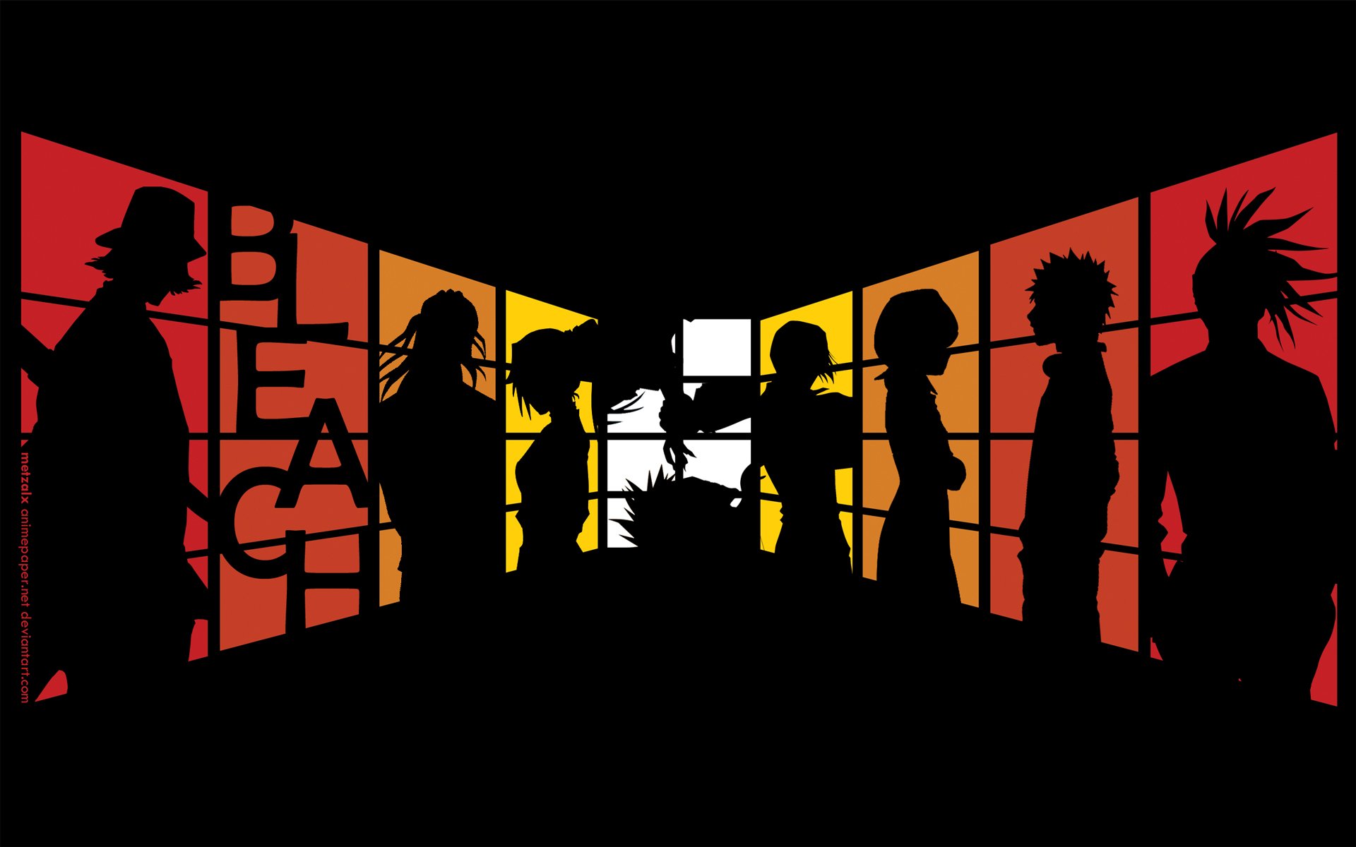 HD Bleach anime desktop wallpaper showing silhouettes of Ichigo Kurosaki, Rukia Kuchiki, Renji Abarai, Uryu Ishida, Yoruichi Shihôin, Byakuya Kuchiki and Kisuke Urahara against red-orange panels.