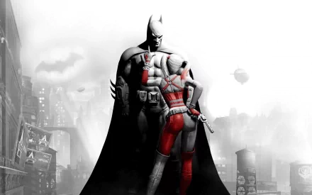 HD PC desktop wallpaper featuring Batman and Harley Quinn from the video game Batman: Arkham City in a stylized black, white, and red cityscape background.