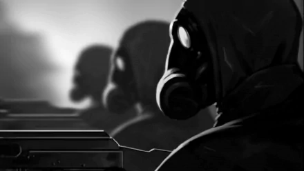 Comic HD PC desktop wallpaper: shadowed figures in gas masks beside crates, invoking I Am Legend and the theme of sacrificing the few for the many.