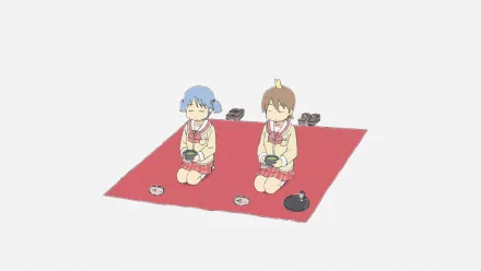 HD PC desktop wallpaper of Yuuko Aioi (blue hair) and Mio Naganohara (brown hair) from Nichijō seated on a red picnic mat in a minimalist anime background.