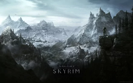 HD PC desktop wallpaper featuring a vast, snowy mountain landscape from the video game The Elder Scrolls V: Skyrim, with a lone figure overlooking the valley.