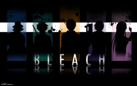 A striking HD wallpaper featuring iconic characters from the anime Bleach, including Orihime Inoue, Yasutora Sado, Tōshirō Hitsugaya, Kisuke Urahara, and Ichigo Kurosaki.