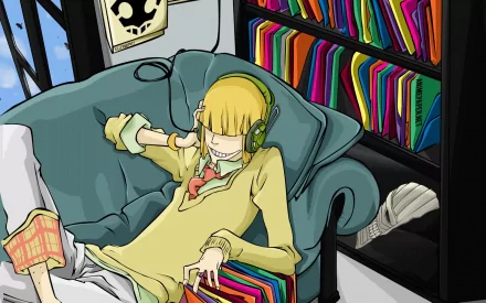 HD PC desktop wallpaper: Shinji Hirako (Bleach) lounging on a teal couch with headphones, smiling amid colorful books — anime background art.
