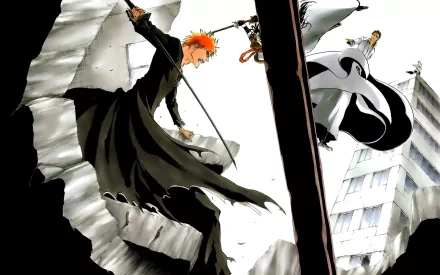 A dynamic HD wallpaper featuring characters from Bleach: Ichigo Kurosaki unleashing his bankai, with Gin Ichimaru, Sōsuke Aizen, and Kaname Tosen in an intense showdown.