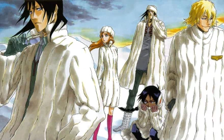 HD Bleach anime desktop wallpaper featuring Byakuya Kuchiki, Kenpachi Zaraki, Yoruichi Shihôin, Kisuke Urahara, and Orihime Inoue in white outfits against a cloudy sky.
