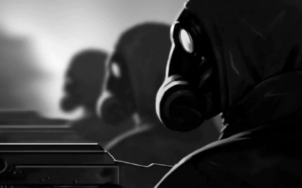 Comic HD PC desktop wallpaper: shadowed figures in gas masks beside crates, invoking I Am Legend and the theme of sacrificing the few for the many.