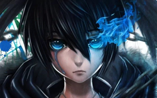 HD desktop wallpaper featuring an anime character from Black Rock Shooter with blue eyes full of tears, crying, and a blue flame near the eye.