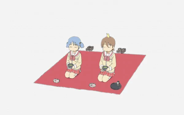 HD PC desktop wallpaper of Yuuko Aioi (blue hair) and Mio Naganohara (brown hair) from Nichijō seated on a red picnic mat in a minimalist anime background.