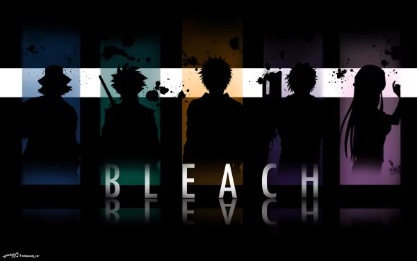 A striking HD wallpaper featuring iconic characters from the anime Bleach, including Orihime Inoue, Yasutora Sado, Tōshirō Hitsugaya, Kisuke Urahara, and Ichigo Kurosaki.