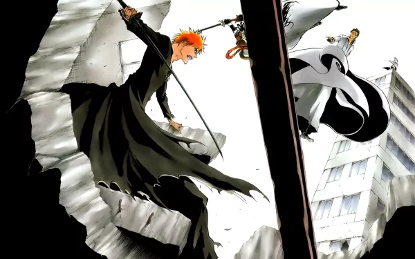 A dynamic HD wallpaper featuring characters from Bleach: Ichigo Kurosaki unleashing his bankai, with Gin Ichimaru, Sōsuke Aizen, and Kaname Tosen in an intense showdown.
