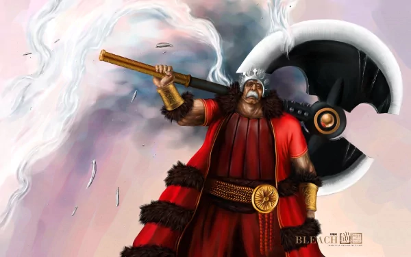 HD PC desktop wallpaper featuring Baraggan Louisenbairn from the anime Bleach, depicted wielding his large axe against a dramatic cloudy sky backdrop.