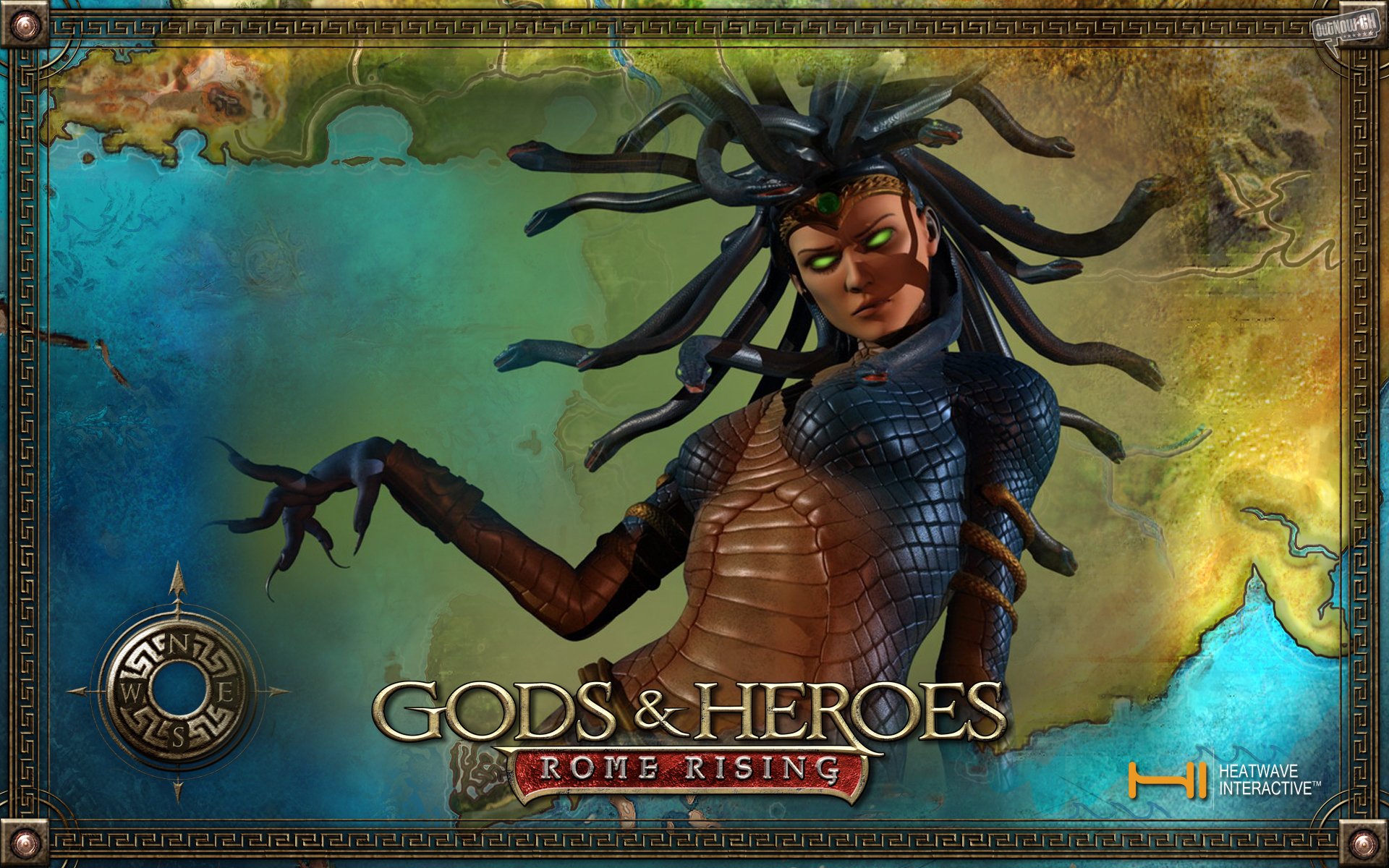 A striking HD wallpaper featuring Medusa, embodying the mystical elements of the video game Gods & Heroes: Rome Rising, set against a vibrant fantasy backdrop.