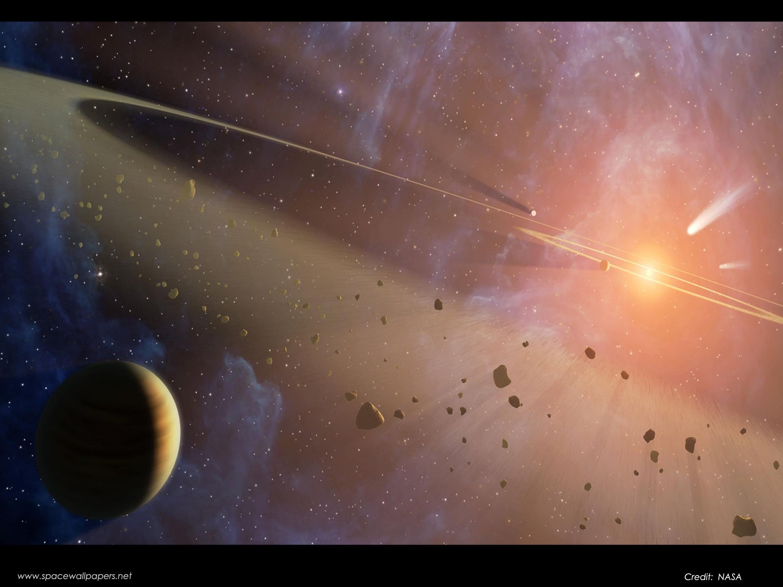 HD sci-fi desktop wallpaper featuring a glowing sun illuminating a distant planet with asteroid rings and cosmic dust in deep space.