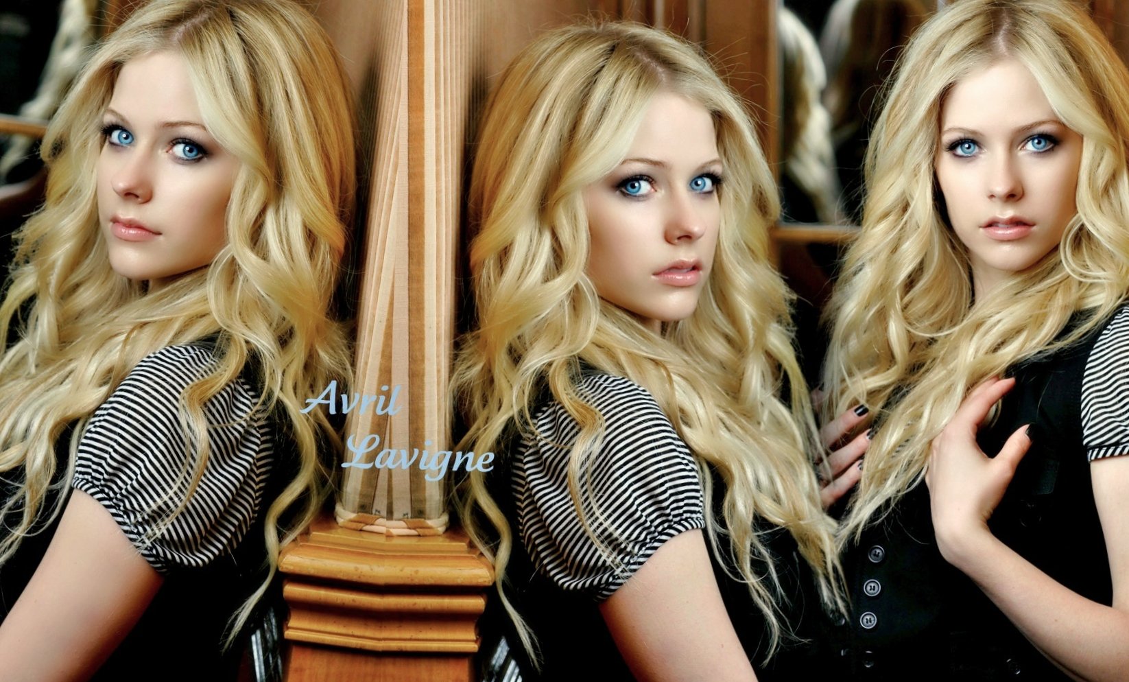 A stylish HD desktop wallpaper featuring singer Avril Lavigne, showcasing her iconic blonde hair and striking blue eyes against a mirrored backdrop.