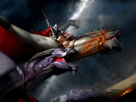 HD desktop wallpaper featuring an epic battle scene with a dragon rider wielding a lance, mounted on a fierce dragon against a stormy sky, embodying a captivating fantasy atmosphere.