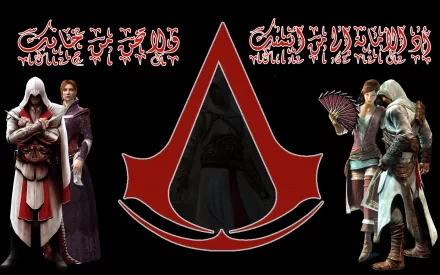 HD wallpaper featuring Altair and Ezio from Assassin's Creed, showcasing iconic characters against a striking black background with the Assassin's Creed symbol.