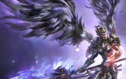 HD fantasy PC wallpaper of a fierce angel warrior wielding a glowing weapon, clad in dark armor with large, majestic wings spread against a mystical purple backdrop.