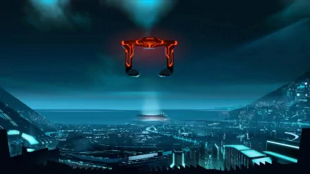HD PC desktop wallpaper showing a futuristic sci‑fi cityscape inspired by the TV show Tron: Uprising — neon blue grids, distant skyline and a hovering orange gate.