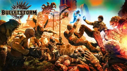 HD PC desktop wallpaper from the video game Bulletstorm depicting an intense battle scene with characters fighting amid a fiery, chaotic backdrop.