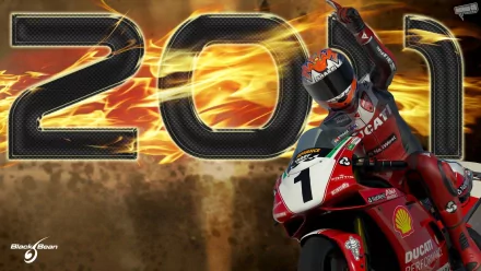 HD PC desktop wallpaper featuring a Ducati superbike rider celebrating in the 2011 Superbike World Championship video game.