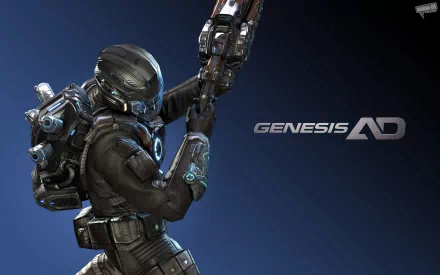 HD PC desktop wallpaper for the video game Genesis A.D., showing an armored futuristic soldier aiming a rifle against a dark blue gradient background with the Genesis AD logo.
