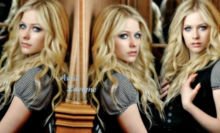A stylish HD desktop wallpaper featuring singer Avril Lavigne, showcasing her iconic blonde hair and striking blue eyes against a mirrored backdrop.