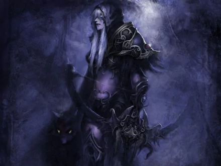 An HD desktop wallpaper and background featuring a character from the video game World of Warcraft, depicted in dark armor with a bow, accompanied by a shadowy creature in a mystical, bluish setting.